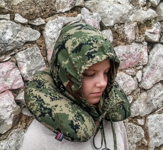 Military neck pillow with a hood