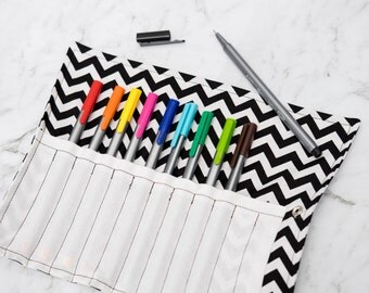 Black and White Chevron Pen Roll - pencil roll - roll up pencil case - pencilcase - makeup brush roll - paint brush roll - school supplies