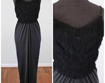 Vintage Black Fringe 70s Disco Maxi Dress - Size XS, Extra Small