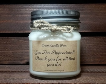 8oz Thank You Candles - Soy Candles Handmade - You Are Appreciated - Candle Favors - Best Boss Candles - Secretary Gifts - Mason Jar Candles