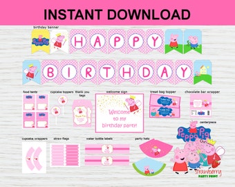 SALE! Peppa Pig Party Decoration Printable, Party Package, Peppa Pig Birthday Welcome Sign, Banner, Cupcake Toppers,  INSTANT DOWNLOAD