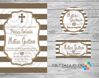 First Communion invitation, child, girl, stripes, Editable Color, tags, printable.