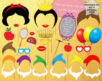 Snow White Photo Booth Props: " PRINCESS PHOTOBOOTH PROPS" Snow White Party Seven dwarfs props Printable birthday props Kids Party Props