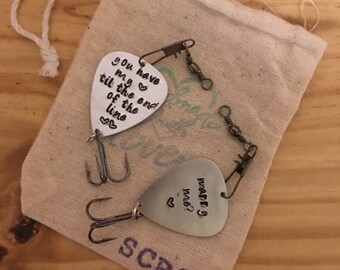 hand stamped custom fishing lure hooked on you you have my heart till the end of the line baby announcement new fishing buddy anniversary
