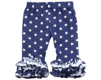 Navy ruffle capri length leggings with white stars