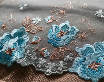 Blue embroidered lace, Lingerie lace, Embroidered lace, Net lace trim, Blue embroidered tulle, Fancy Luxury lace, Blue Lace fabric, Lace