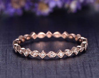 14K Rose Gold Wedding Band,full Eternity Engagement Ring with diamond,stacking matching band,custom made fine jewelry,Art Desc antique,