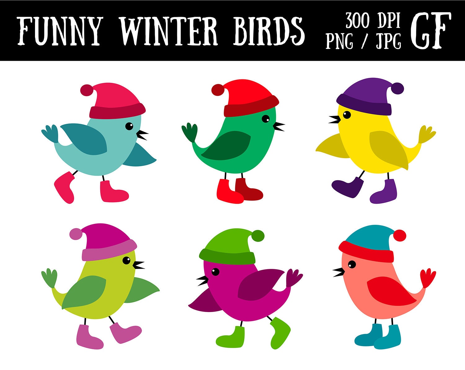 Funny winter birds clipart, cute bird clip art, colorful 