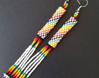 Seed bead earrings, huichol earrings, tribal earrings, duster earrings, rainbow earrings,