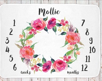 Personalized milestone monthly baby blanket, girls floral print (BB105)
