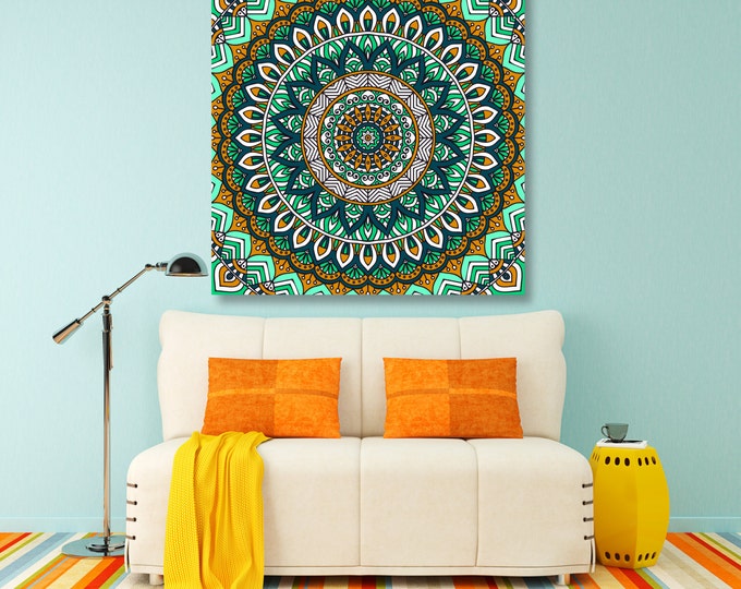 Green Mandala wall art home decor, green mandala wall hanging, yoga wall art canvas, bohomania wall art, meditation wall art canvas