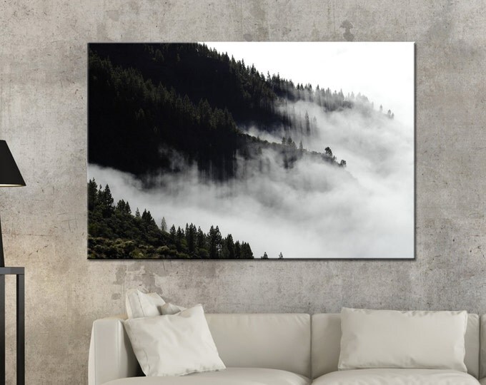 Large foggy forest wall art canvas print, cloud forest print, mist forest wall art, mountain cloud print, mountains in fog, fine art