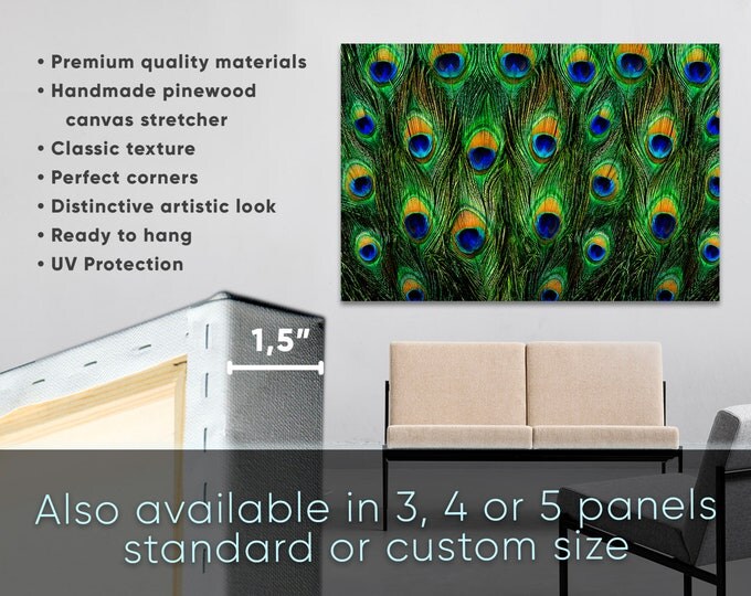 Large green peacock feathers wall art print set on canvas for home, peacock wall art psychedelic fine art canvas print set of 3 or 5 panels