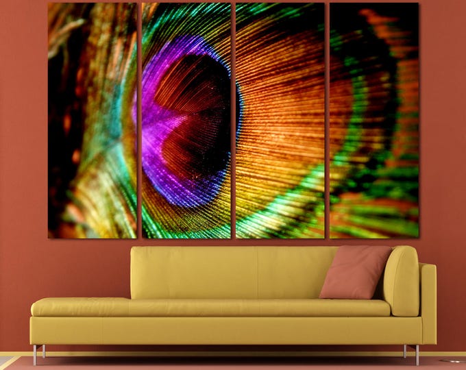 Large colorful peacock wall art print canvas set home and office decor of 3 or 5 panels, red, purple, green, yellow peacock feather wall art