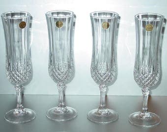 Cristal d'Arques-Durand Longchamp Fluted Champagne Glasses (4) 24% Lead Crystal, Made in France, NEW