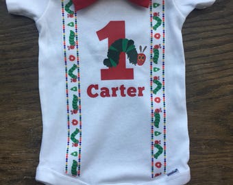 Very Hungry Caterpillar Birthday Onesie with Suspenders and a Bow Tie personalize