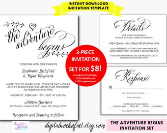 Wedding Invitation Template, The Adventure Begins, DIY Rustic Wedding Invitation Printable Set, digital instant download, editable PDF