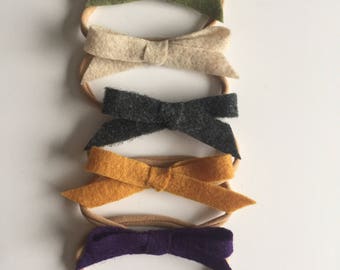 CHOOSE 2 | Delicate Wool Felt Bow Headband | Nude Nylon Headband | One Size Fits All | Baby Hair Accessories | Newborn | Baby Bows