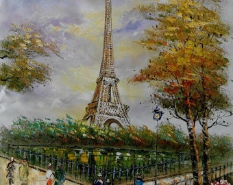 Geniun Oil painting Paris Street Scene & Eiffel Tower canvas Wall Decor Home Bedroom Paintings