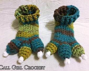 Kids Dragon Slippers / Dinosaur Slippers / Monster Slippers, Size 9-10, Green Blue and Brown, Crocheted, Ready to Ship