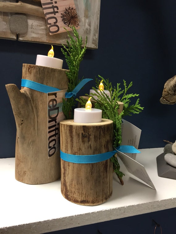Natural solid wood candle holders by reDriftco on Etsy