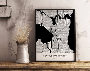 Premium Map Print of Seattle Washington - Simple Black Ink - Unframed - Seattle Map Art
