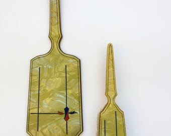 Vintage Art Deco Vanity Mirror Vintage Dresser Set Yellow Green Hand Held Mirror and Brush 1930s Decor