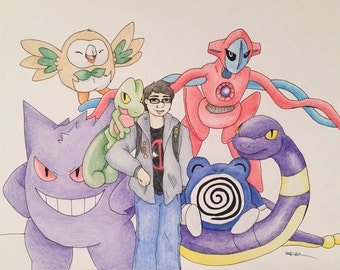 Custom Pokemon Trainer and Team Pencil Illustration
