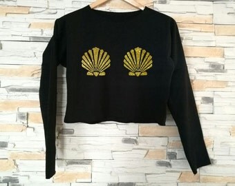 mermaid crop top, mermaid cropped sweater, mermaid bra crop top sweatshirt, glitter shirt, cropped sweatshirts, long sleeve crop top