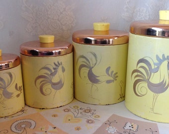 Ransburg Yellow With Copper Lids Tin Rooster Canister Set Vintage