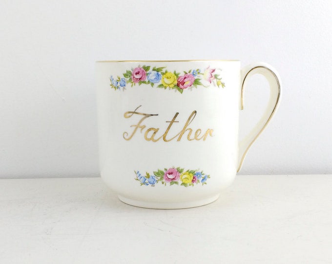 Large Victorian Mug, 'Father', XL coffee mug for Fathers day, antique shaving mug, pretty mug with flowers and calligraphy writing
