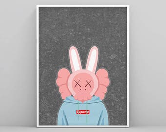 Pink Accomplice wearing Supreme hoodie, Kaws Print, Kaws Poster, Kaws Art Print, KAWS Wall Art, Kaws Illustration, KAWS, Kaws Art Decoration
