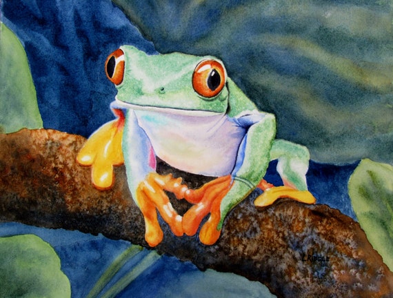 Tree frog original watercolor painting kids decor frog lovers