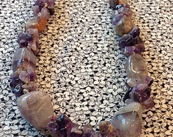 Vintage Stone Necklace with Purple Quartz, Silver Colored Accents, Ecclectic
