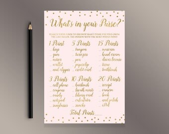 Whats in Your Purse Game, Pink Gold confetti Bridal Shower Games, Wedding Activity, Baby Shower Activities, Purse Raid, Bachelorette party