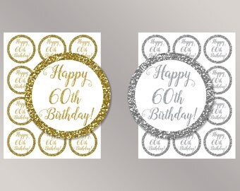 Happy 60th Birthday Cupcake Toppers, Happy Birthday favor tags, 60th Birthday Party Decor, Birthday Decorations, Gold, Silver Cake toppers