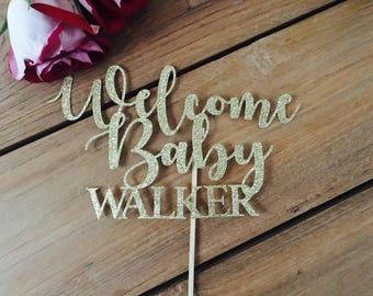 Welcome baby cake topper, baby shower cake top, baby shower decorations, gold cake topper, pink and gold baby shower, girl baby shower decor
