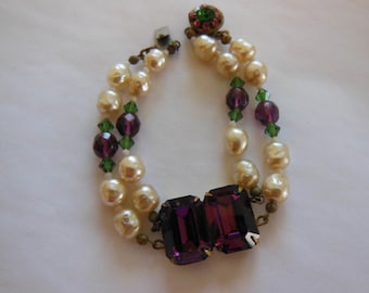 Vintage Miriam Haskell Baroque Pearl & Amethyst Double Strand Bracelet