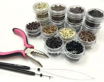 250 Silicone Micro Beads Silicone Rings Feather Hair Extension Crimp BeadsTool Kit Pliers Hook Loop USA