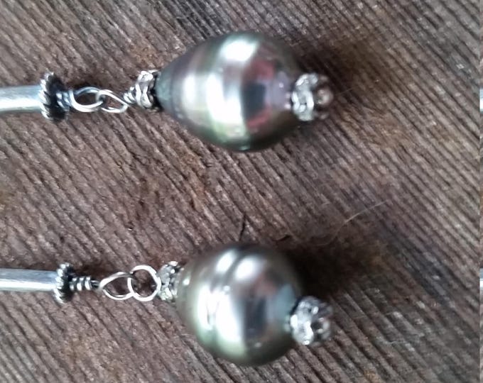 These Earrings Feature Gray/Pink Tahitian Pearls in a Sterling Silver Setting