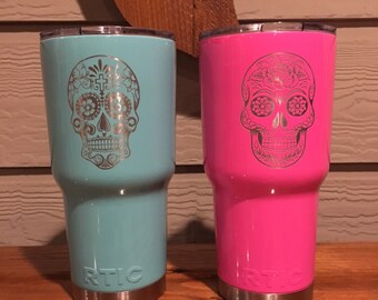 Laser Engraved Sugar Skull Powder Coated NEW 30oz TIC Tumbler | Day of the Dead Special | Personalized RTIC Tumbler | Similar to Yeti