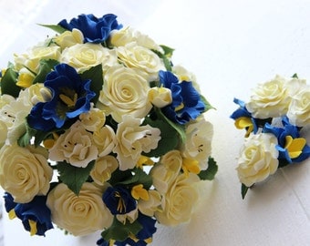 Wedding bouquet + Set of boutonniere & hairclip, Deco Clay flowers, Hydrangea flowers, Handmade Clay bouquet, Roses,Wedding decor