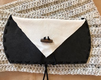 Leather envelope wallet, case, pouch, purse, bill fold, tie closure, wood toggle, handmade, rustic