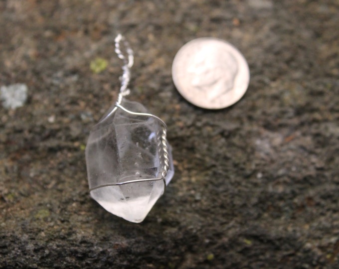 Herkimer Diamond Pendant, Double Terminated Quartz Crystal, Water Clear Crystal Necklace, Sterling Silver Wire Wrap, Gift for Him or Her