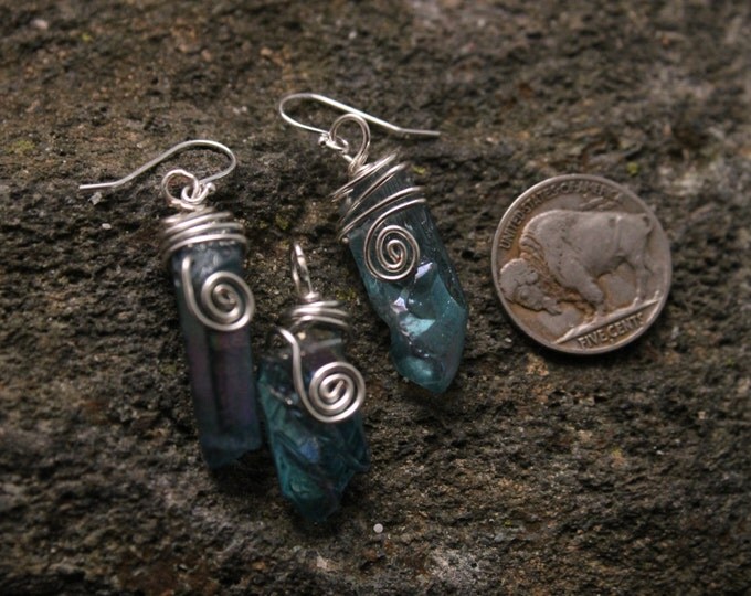 Blue Aqua Aura Crystal Earrings and Pendant Set Wire Wrapped in Twisted Sterling Silver Wire with Spiral Accent