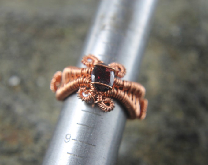 Copper Wire Weave Garnet Gemstone Ring Size 8, Wire Wrap January Birthstone Jewelry, Unique Birthday or Valentine's Day Gift for Him or Her