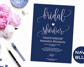 Bridal Shower navy blue wedding invitations - Bridal Shower Calligraphy invitation - Navy & White Modern Script Wedding Invitation #WDH0095