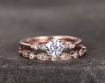 Round Sterling silver ring SET/Cubic Zirconia wedding band/CZ Engagement ring/stack ring/2PCS Matching Ring/Promise ring/Rose gold plated