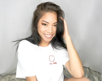 COLLEGE BABE (Ohio State University) Customized Hand Stitched Embroidered State Outline T Shirt | ManEater By Lina