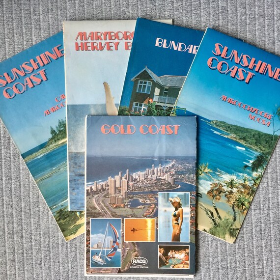 Set of 5 70s/80s RACQ Map of Queensland Towns Bundaberg Gold